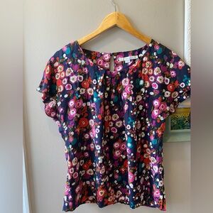 Boden Silk Blend Floral Blouse Size 12 | Short Sleeve Vibrant Print Top